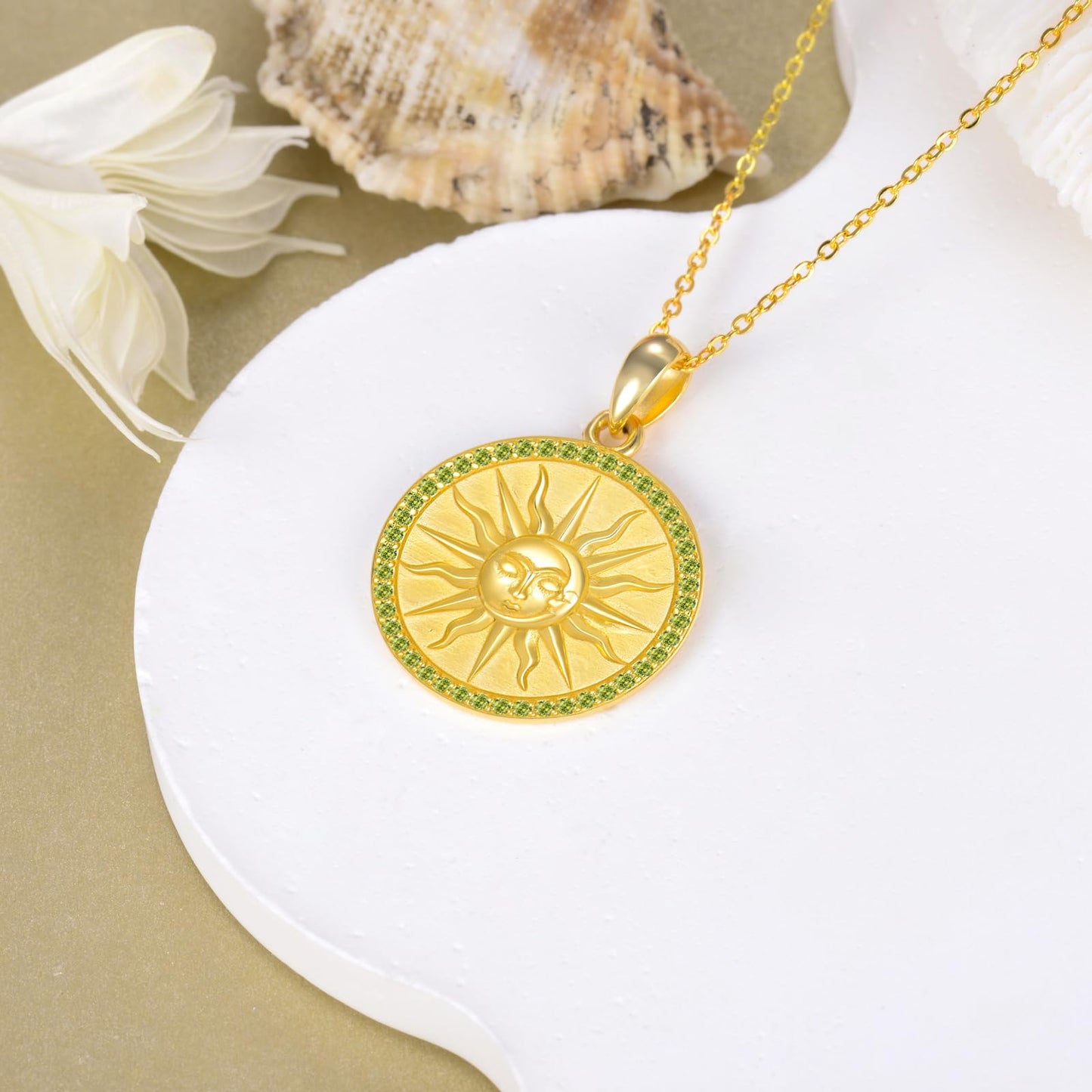 KQF Sun Coin Necklaces for Women Birthstone Jewelry Gift Sterling Silver Sun 18K Gold Plated Pendant August Jewelry Gift for Mom