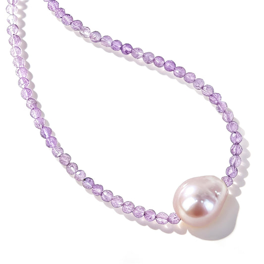 GEMTAL Single Pearl Pendant Necklaces for Women, Natural Gemstone Women Amethyst Beaded Choker Necklace, Dainty Freshwater Pearl Handmade Jewelry Gift Birthday Valentines Day Anniversary(Amethyst, 16")