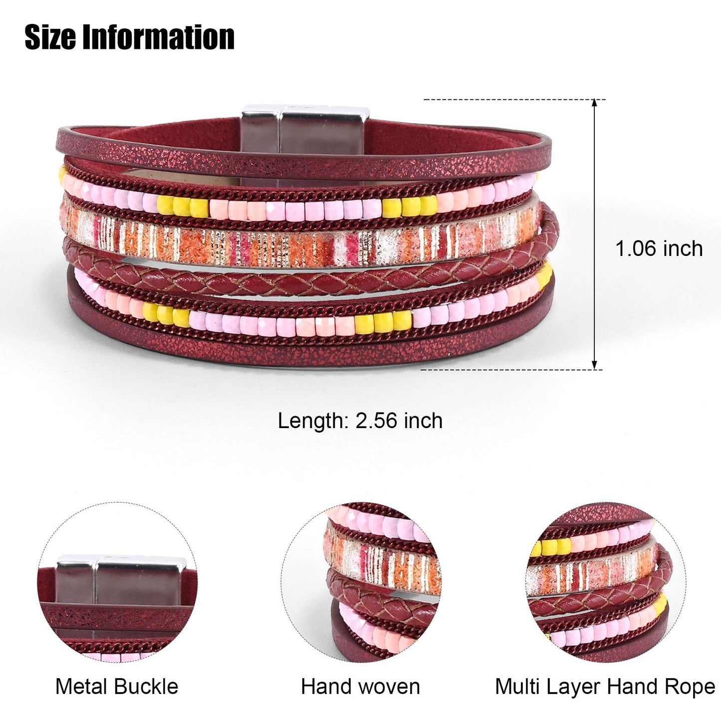VIBILIA Boho Leather Wrap Bracelets for Women Trendy Layered Multi-Layer Bracelets with Strong Clasp Jewelry for Women - Red