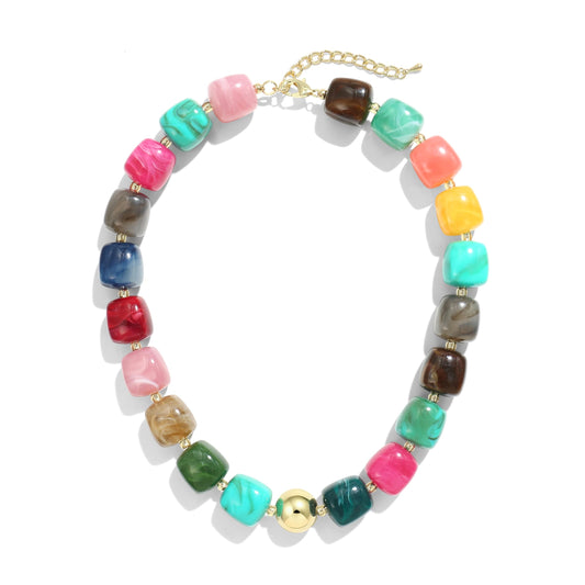 BREPINE Colorful Chunky Necklaces for Women Multicolored Large Square Resin Beads Necklace Trendy Bold Statement Beaded Summer Candy jelly Vacation Choker