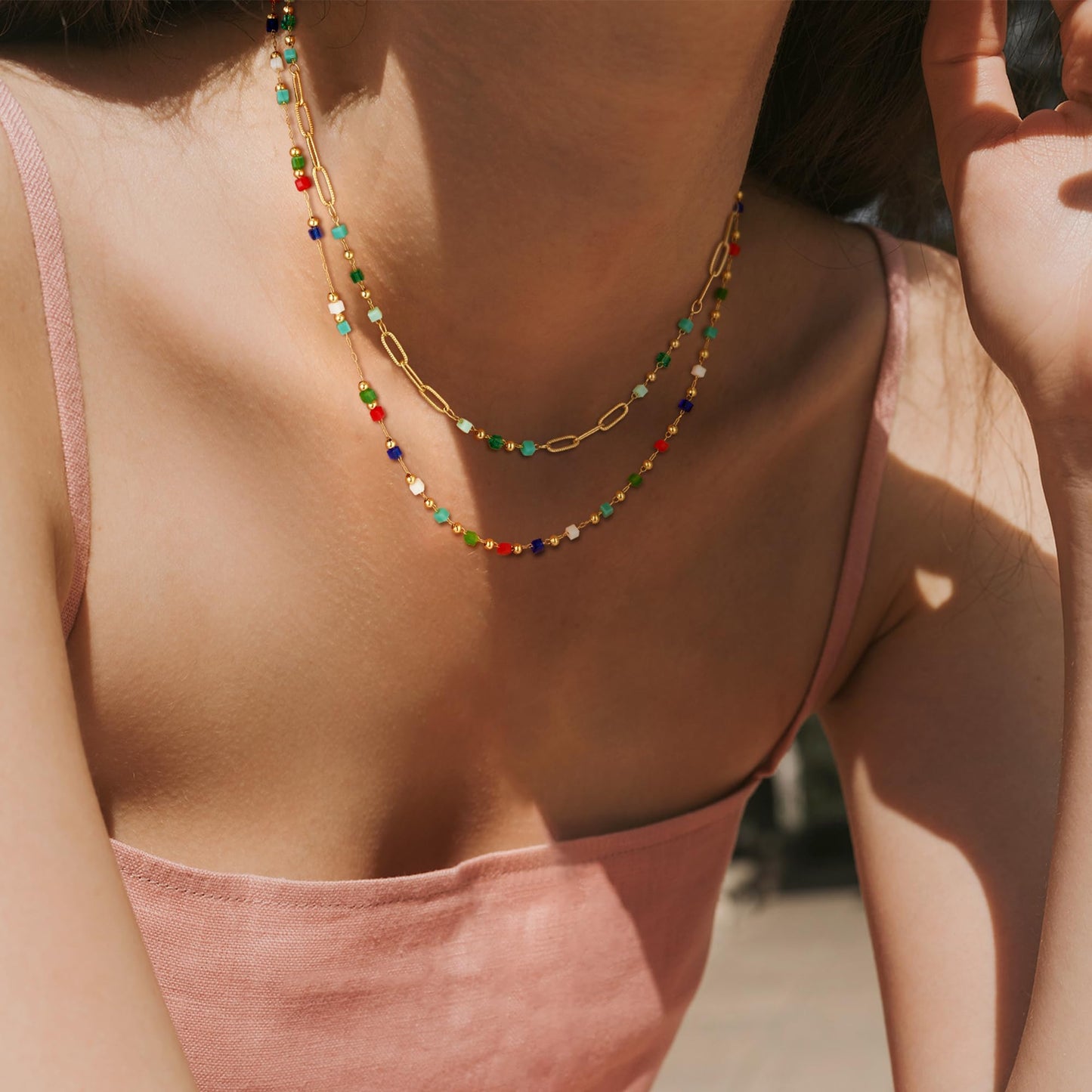 MTMY Beaded Necklaces for Women 14K Gold Plated Dainty Colorful Green/Rose Beaded Pearl Choker Necklace Delicate Boho Jewelry Gift (Layer-mix color)