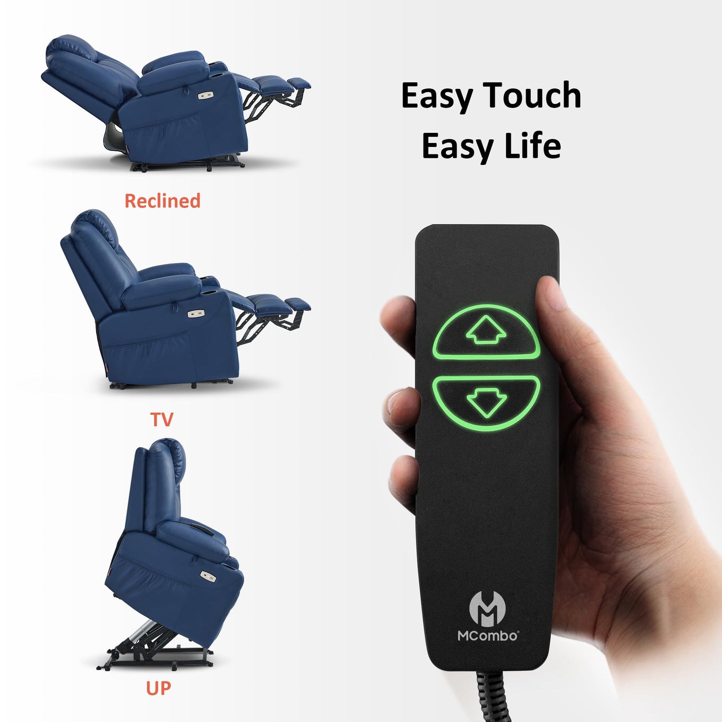 MCombo Electric Power Lift Recliner Chair Sofa with Massage and Heat for Elderly, 3 Positions, 2 Side Pockets, and Cup Holders, USB Ports, Faux Leather 7040 (Blue, Medium)