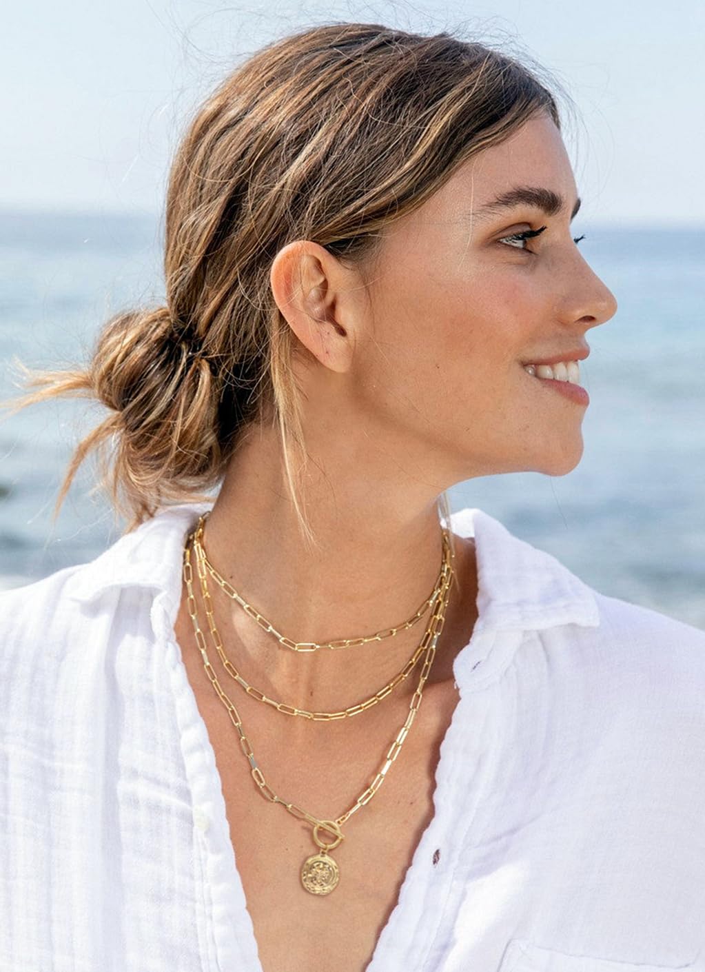PEARLADA Dainty Birth Flower Coin Necklace, 18k Gold Plated Paperclip Necklace, Vintage Iris Spring Jewelry