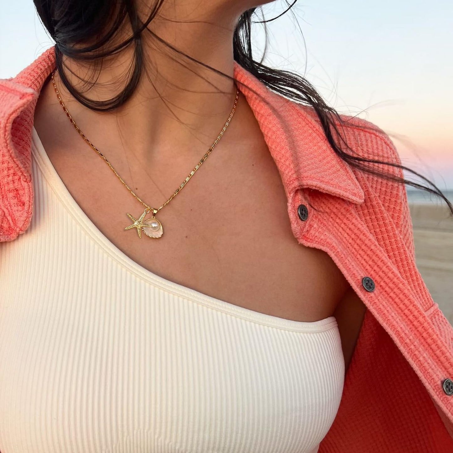 KummerSaprk Seashell Necklace Summer Vacation Jewelry for Women Gold Beachy Necklace Stack Starfish Flower Cowrie Sea Shell Pendant Necklaces Summer Essentials Accessories Gifts