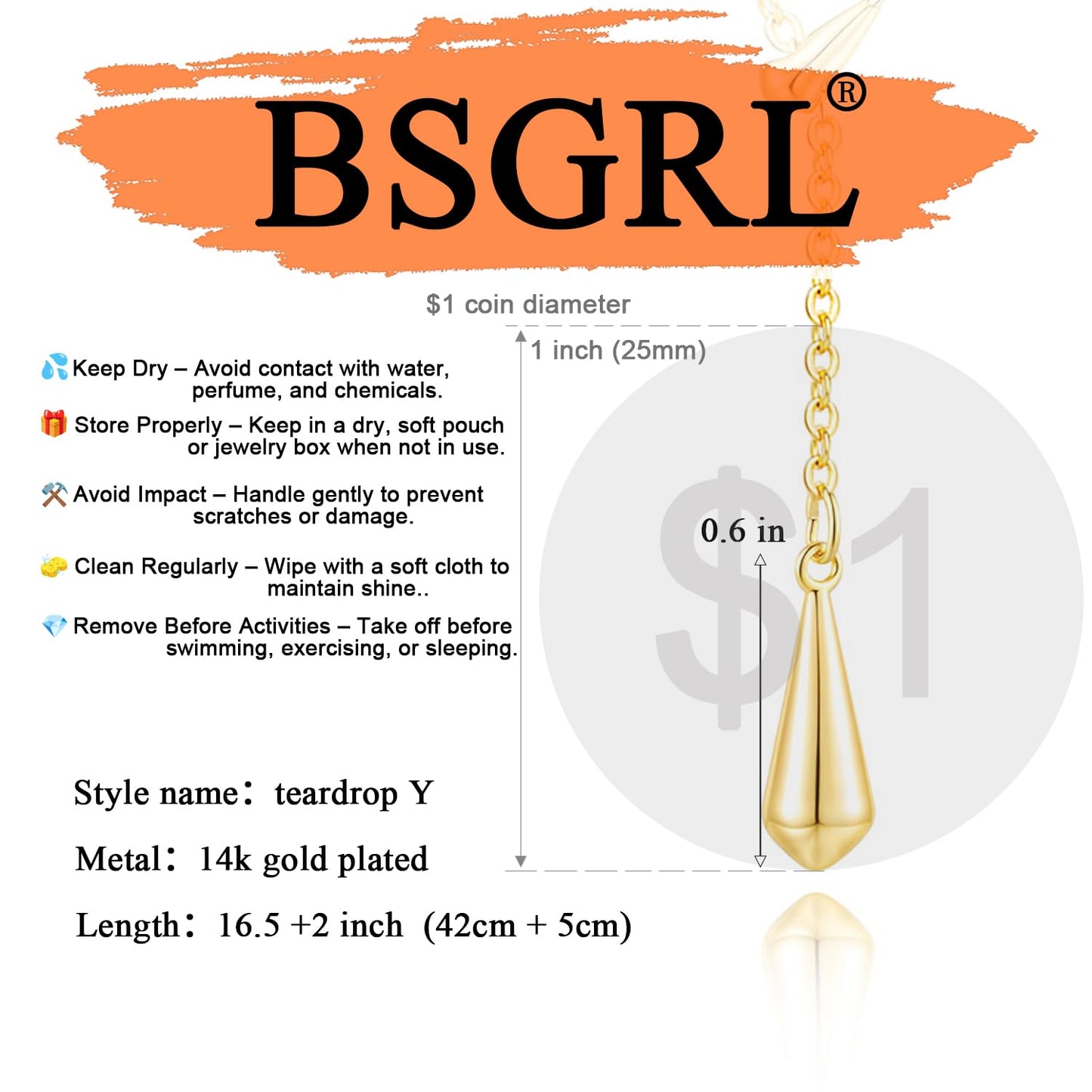 BSGRL Gold Necklace: 14K Gold Plated Simple Elegant Teardrop Pendant Dainty Necklace for Women 16.5”+2” ext