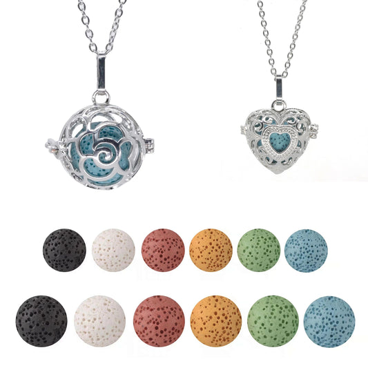 2PCS Essential Oil Diffuser Necklace Aromatherapy Lava Bead Stone Little Love Heart and Hollow Ball Locket Necklace Pendant with for Women