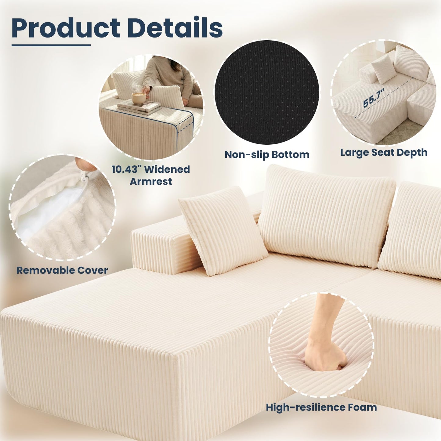 DUMOS 108” Modular Sectional Sofa, Cloud Sectional Couch with Deep Seat, Modern Modular L-Shape Sofa Couch with Chaise,Upholstered Boneless Couches for Living Room Bedroom (Beige,Left Facing Chaise)