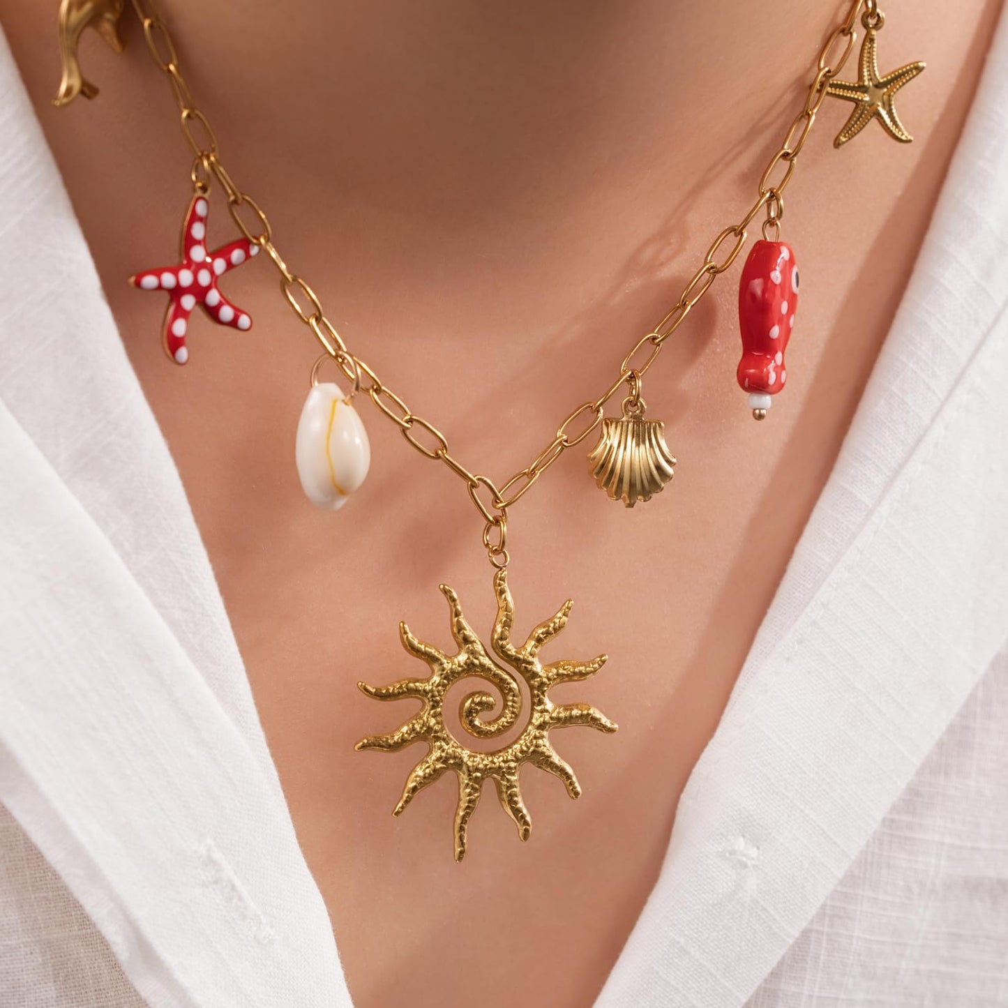 Chunky Gold Necklace Statement Boho Beach Ocean Summer Stainless Steel Jewelry Shell Starfish Turquoise Dolphin Pearl Sun Flower Wave Heart Fish Charm Choker Necklaces for Women(Sun)