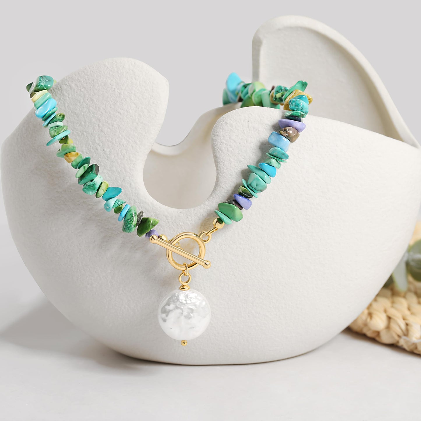 POTESSA Chunky Turquoise Necklace with Baroque Pearl Pendant, Stylish Turquoise Statement Necklace for Women, Summer Jewelry