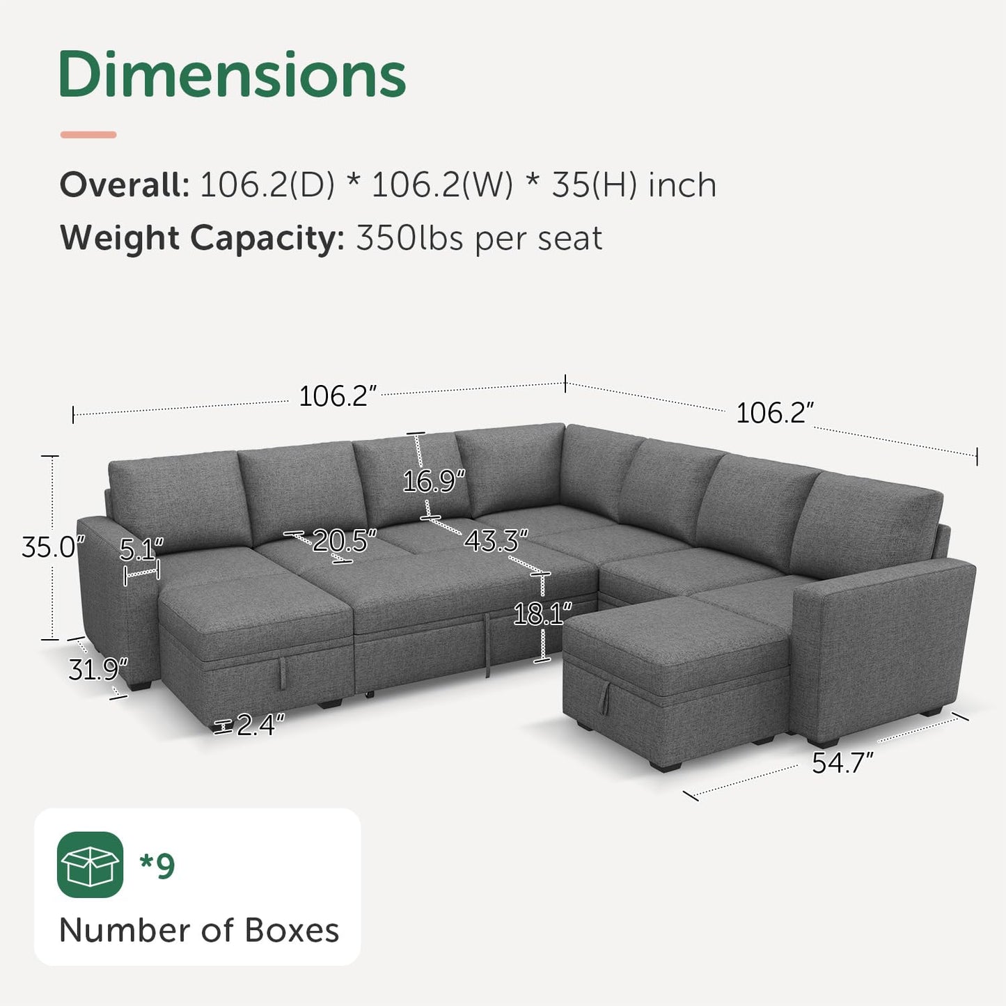 HONBAY Modular Sectional Sleeper Sofa with Pull Out Couch, Oversized U Shaped Sleeper Pull Out Bed with Storage Sectional Couches for Living Room - Dark Grey