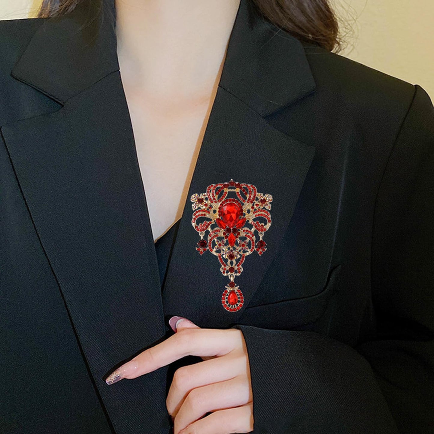 YOQUCOL Retro Red Austrian Crystal Big Brooch Pin for Women Large Flower Shape Brooches Lapel Pins for Sweater,Coat Dress Accessories
