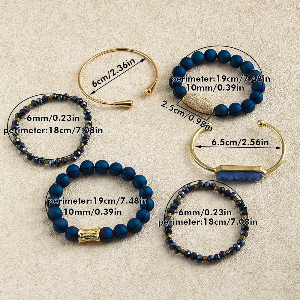 Yomisa Boho Beaded Bracelets/Bangle for Women,Multilayer Wrap 6PCS Healing Natural Jasper Crystal Bead Bracelets Stackable Friendship Stretch Beaded Bracelet Set Trendy Bohemian Jewelry Gift,Blue