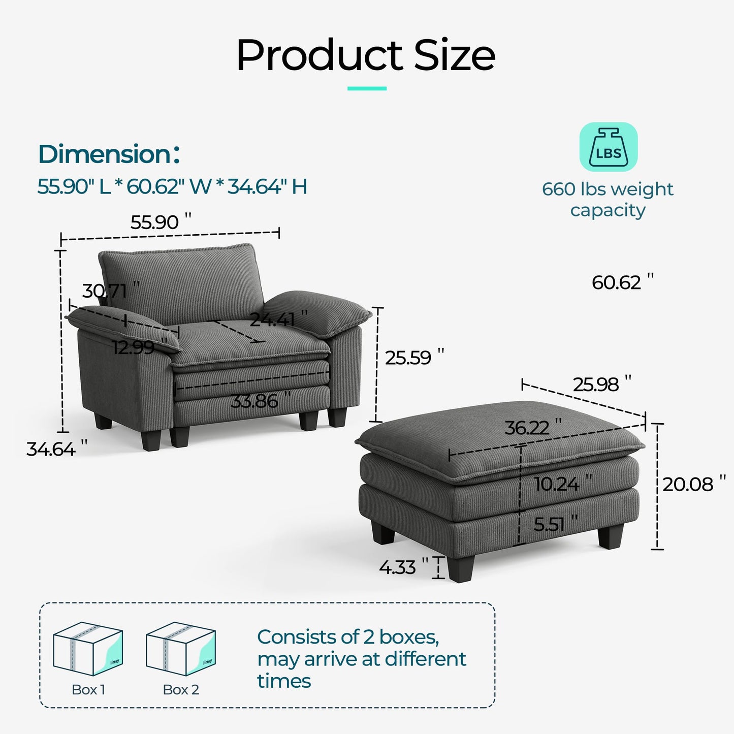 LINSY HOME Cloud Sofa Accent Chair with Ottoman Chaise Lounge Chair Indoor, Corduroy Couch Sofa Chair for Living Room Apartment Bedroom Office, Grey