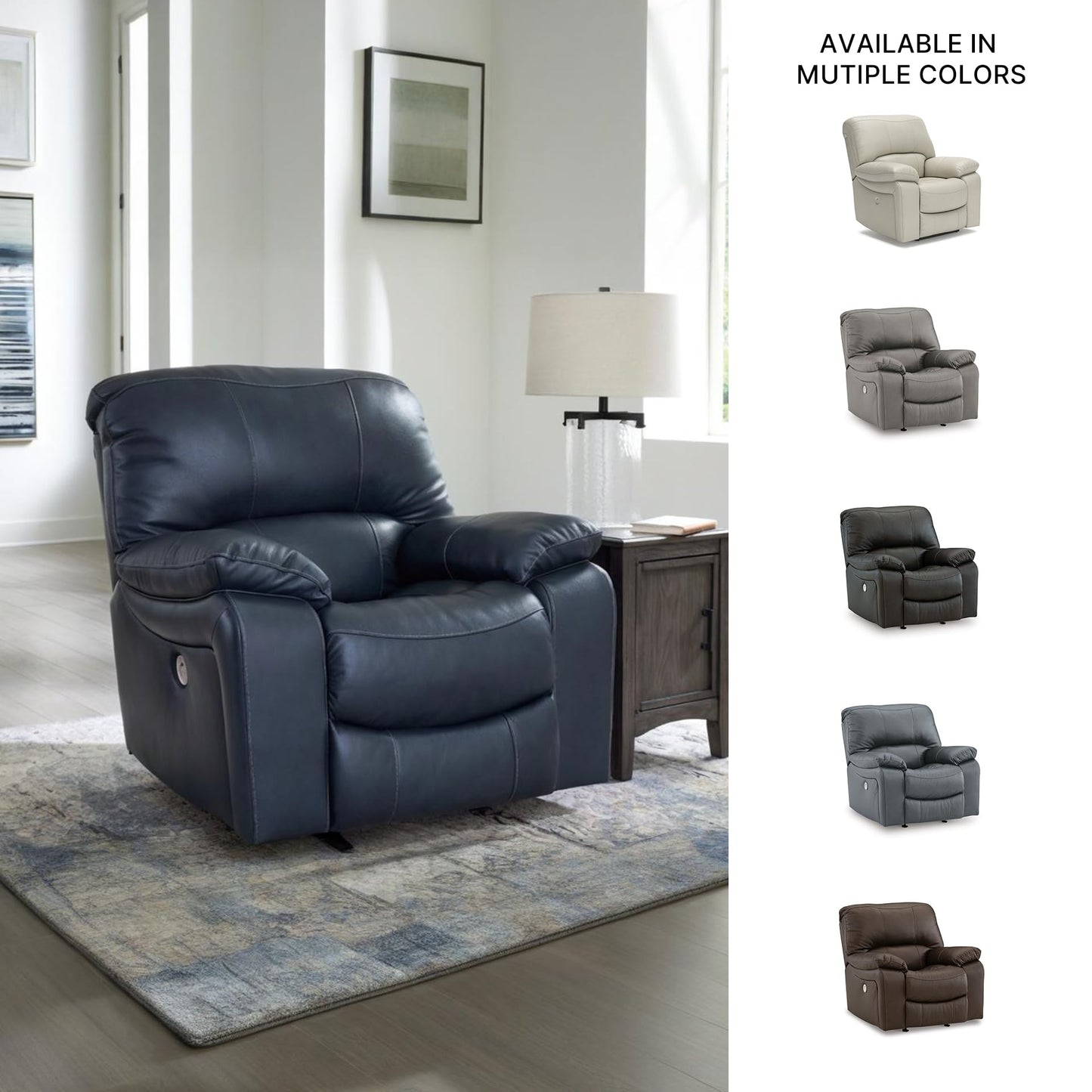 Signature Design By Ashley Leesworth Modern Power Rocker Recliner, USB Port, Gentle Rocking, Top Grain Leather and Matched Leather, 41" W x 41" D x 41" H, Blue