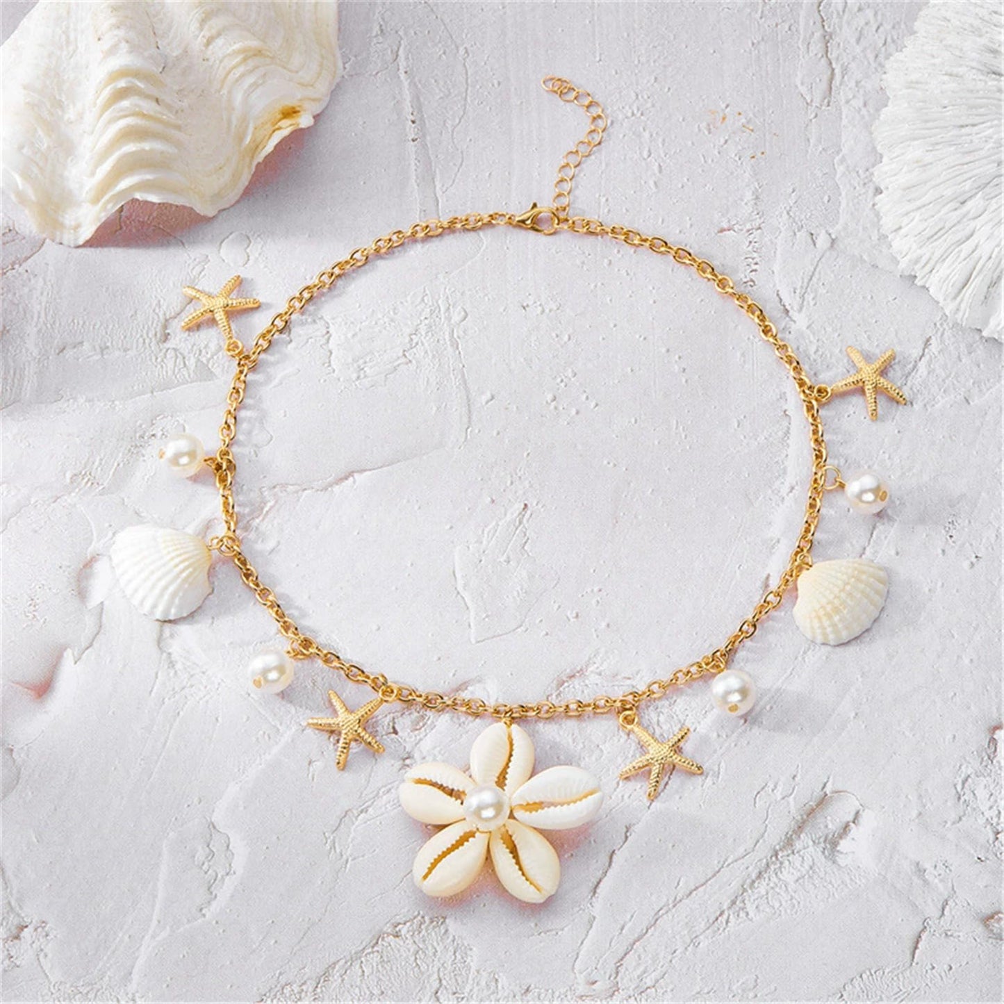Seashell Flower Charm Necklace for Women Gold Plated Bohemian Starfish Sea Shell Cowrie Conch Floral White Pearl Ball Pendant Necklace for Ocean Summer Coastal Beach Holiday Outfits Trendy Jewelry (White)