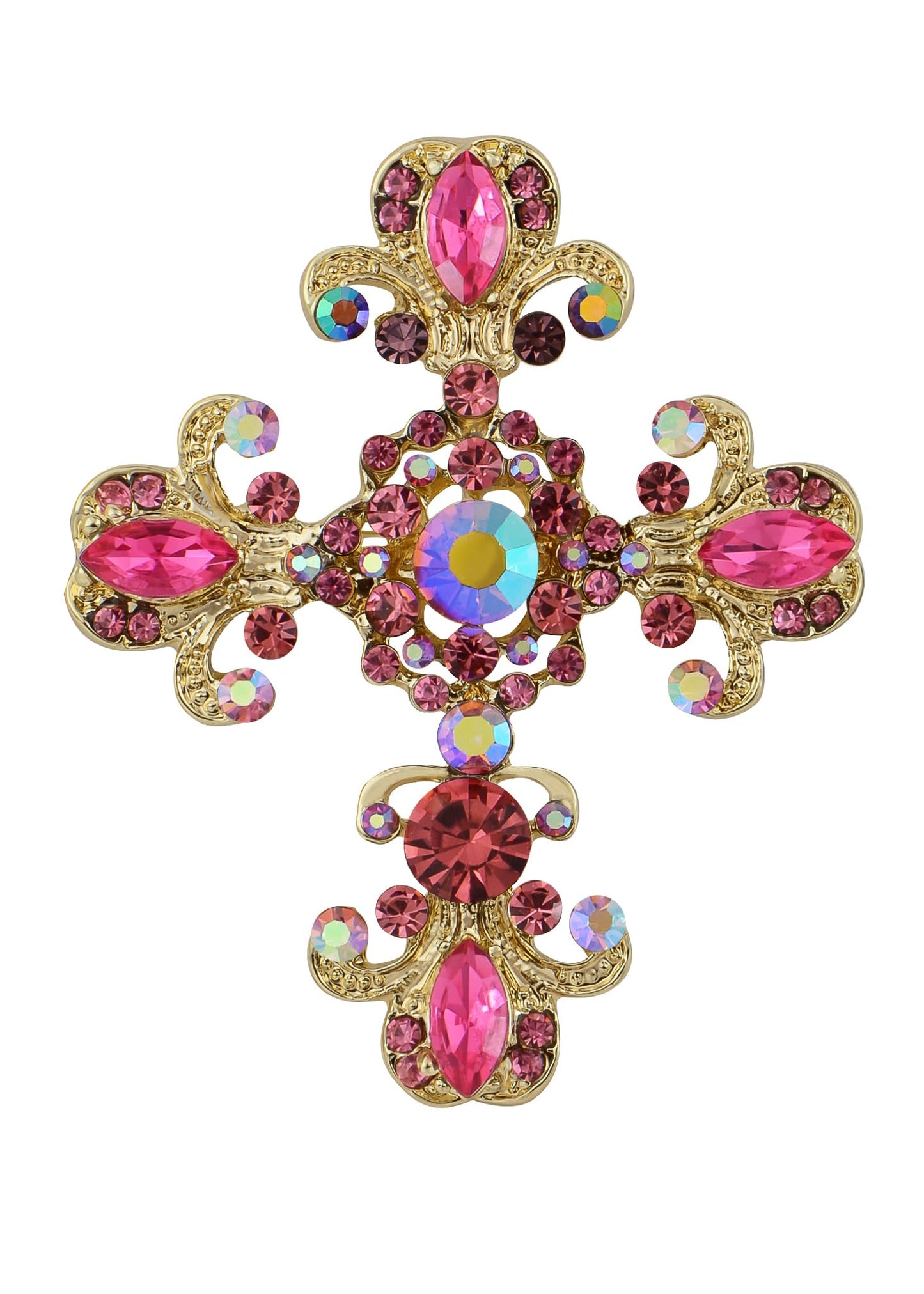 Alilang Roman Catholic Victorian Religion Christian Holy Cross Pink Rhinestones Pin Brooch With Pendant Loop, Pink/Gold