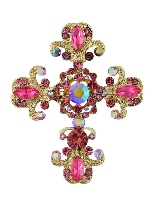 Alilang Roman Catholic Victorian Religion Christian Holy Cross Pink Rhinestones Pin Brooch With Pendant Loop, Pink/Gold