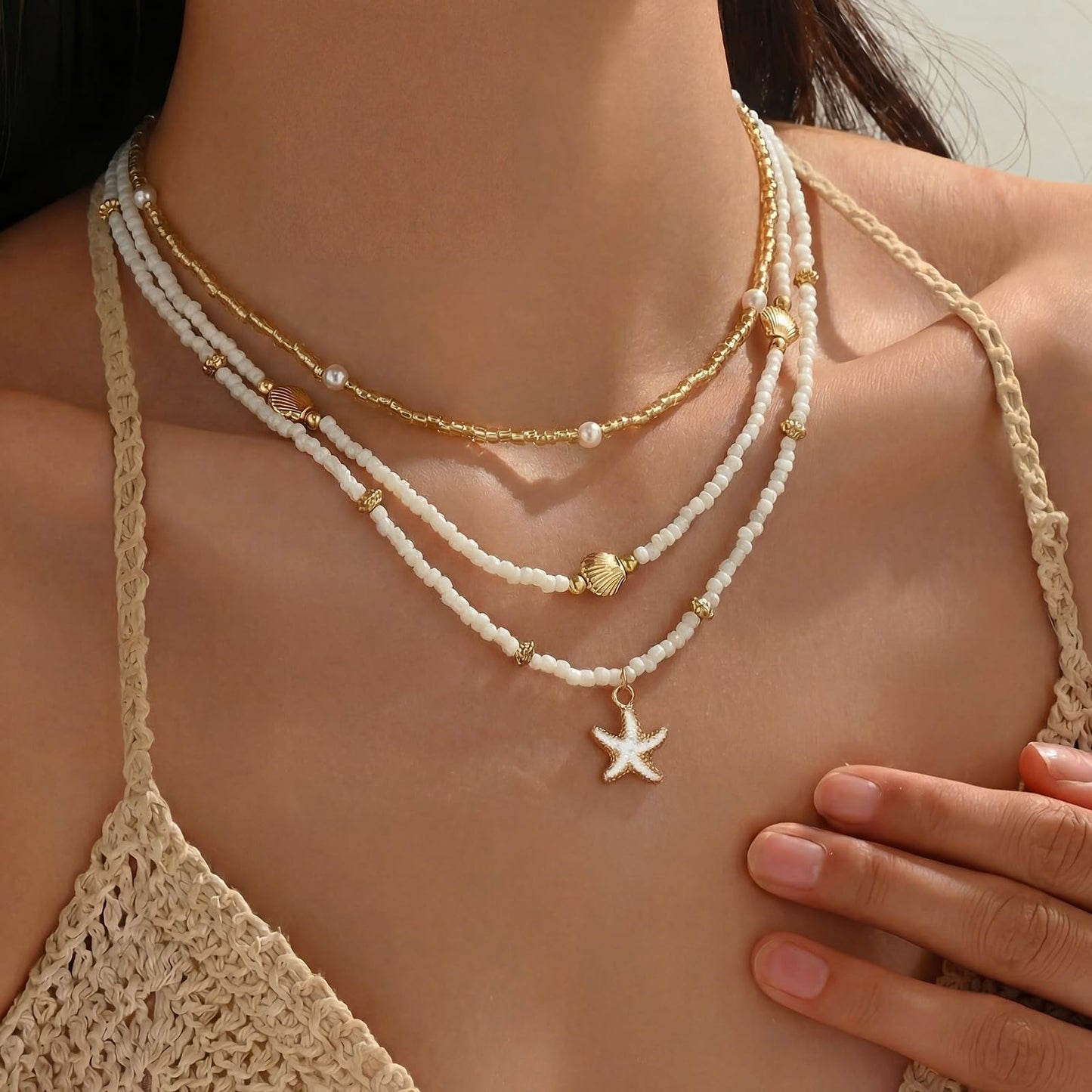 Shell Starfish Necklace for Women, 14k Gold Plated Boho Layered Beaded Charm Pendant Necklace, Dainty Adjustable Pearl Conch Summer Beach Vacation Jewelry Gifts(Starfish 3pcs)