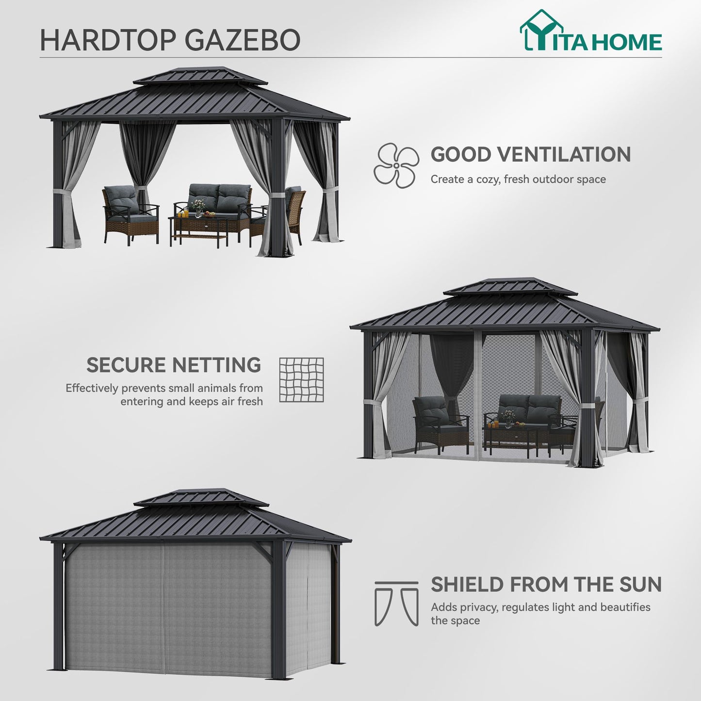 YITAHOME 10X12FT Hard Top Metal Gazebo Patios Double Roof Canopy Aluminum Frame Garden Gazebo Tent Curtains Netting for Patios Backyards Decks Lawns Gray