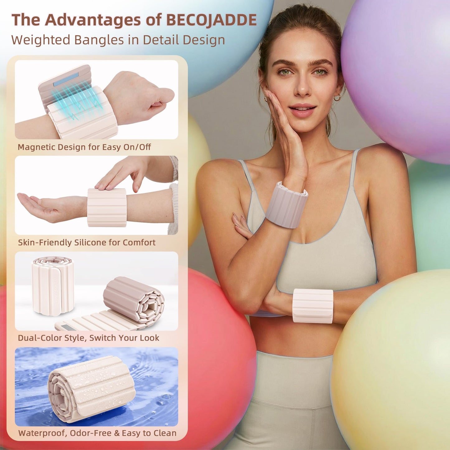 BECOJADDE Wrist Weights Ankle Weights for Women 1 Pair (1.1 lb Each) Silicone Magnetic Leg Arm Weighted Bracelet for Home Yoga Pilates Gym Workout Walking Jogging, Beige Taupe