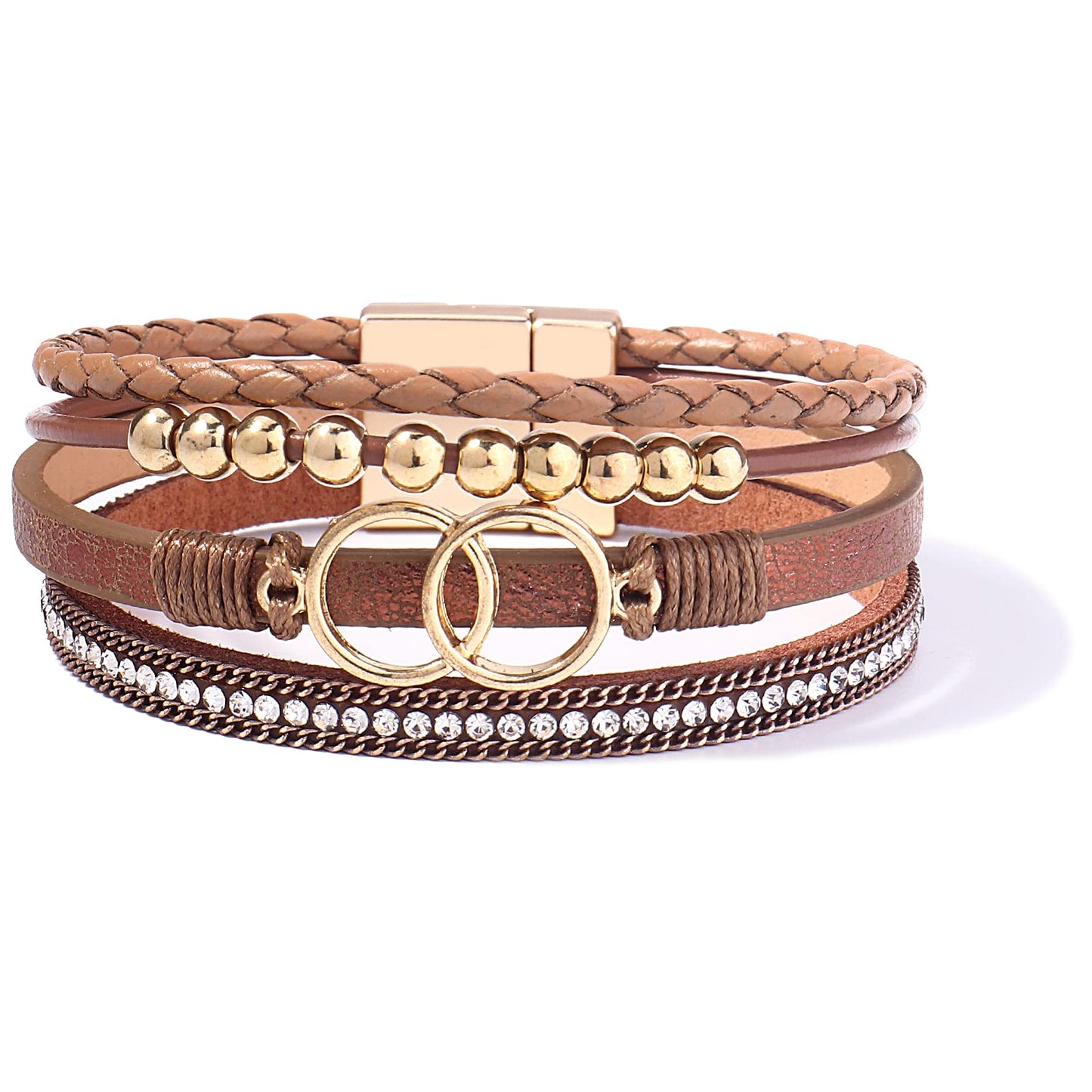 FANCY SHINY Boho Leather Wrap Bracelet Stackable Beaded Infinity Chunky Cuff Bracelets with Magnetic Clasp Western Hippie Outfits Jewelry Gifts for Women(Brown)