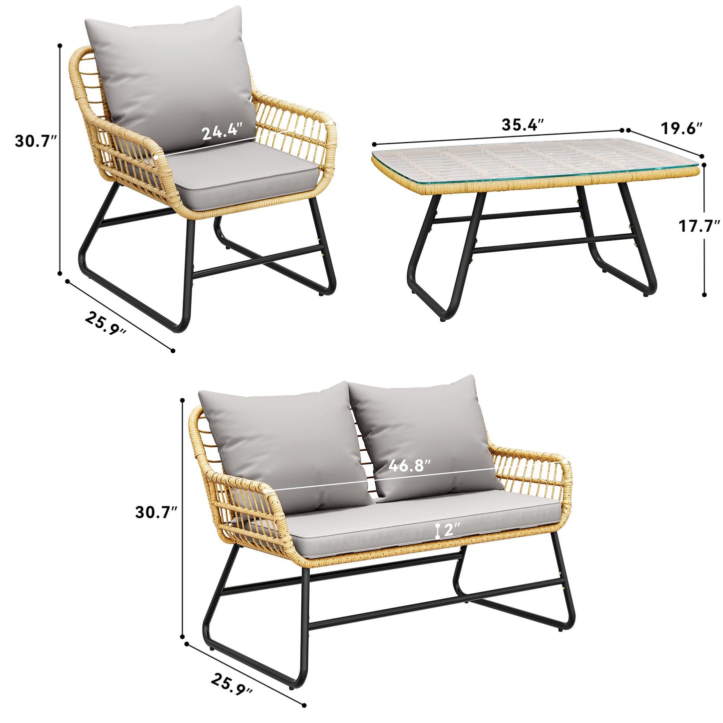 YITAHOME 4 Piece Patio Furniture Set, Outdoor Wicker Furniture Set with Removable Cushion, Rattan Patio Loveseat Set for Garden, Backyard, and Deck,Armchairs, Glass Side Table, Light Gray & Beige