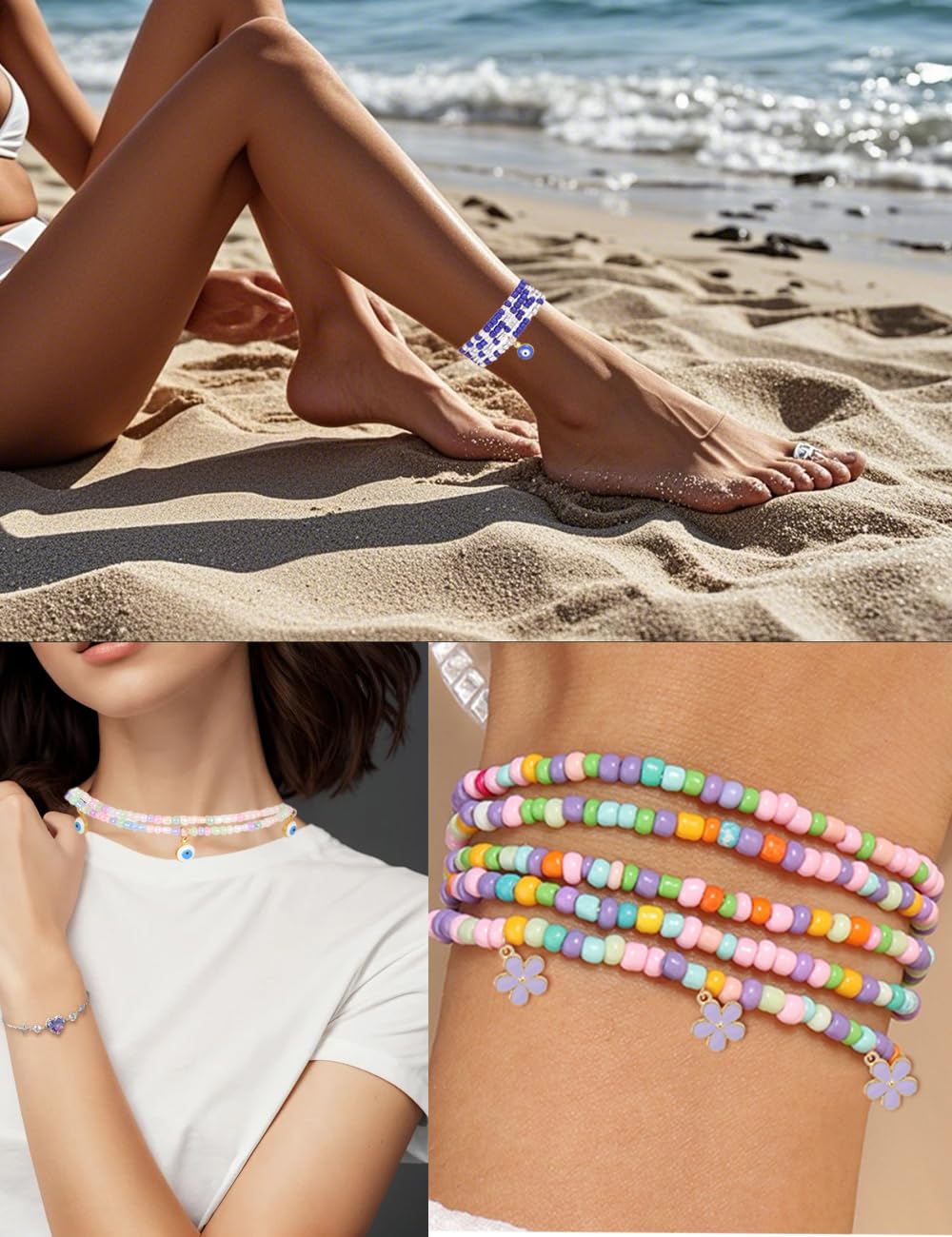 Tornito 8Pcs 31.5 Inches African Waist Bead Chain Elastic Belly Beads Butterfly Starfish Blue Evil Eye Flower Shell Layered Body Chain Colorful Jewelry Accessories for Women (E:8Pcs(Ocean))