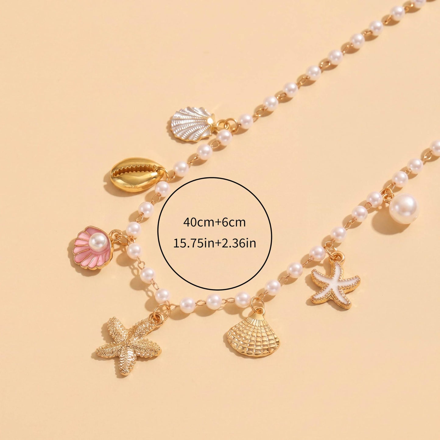 Shell Starfish Necklace for Women, 14k Gold Plated Boho Layered Beaded Charm Pendant Necklace, Dainty Adjustable Pearl Conch Summer Beach Vacation Jewelry Gifts(Pink Shell)
