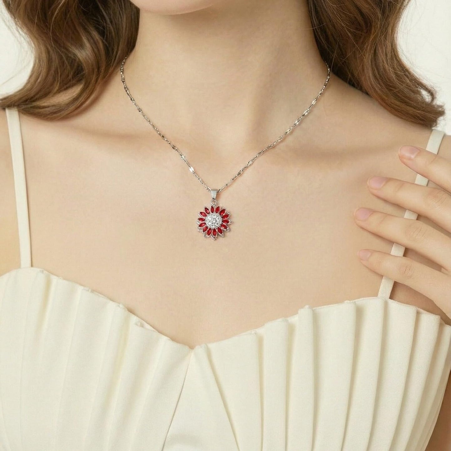 KONPJE Sunflower Fidget Necklace for Women Gold Moon Necklace Rotating Heart Necklaces Spinning Crystal Sunflower Anxiety Necklaces Crescent Moons Jewelry Accessories (Silver Red)