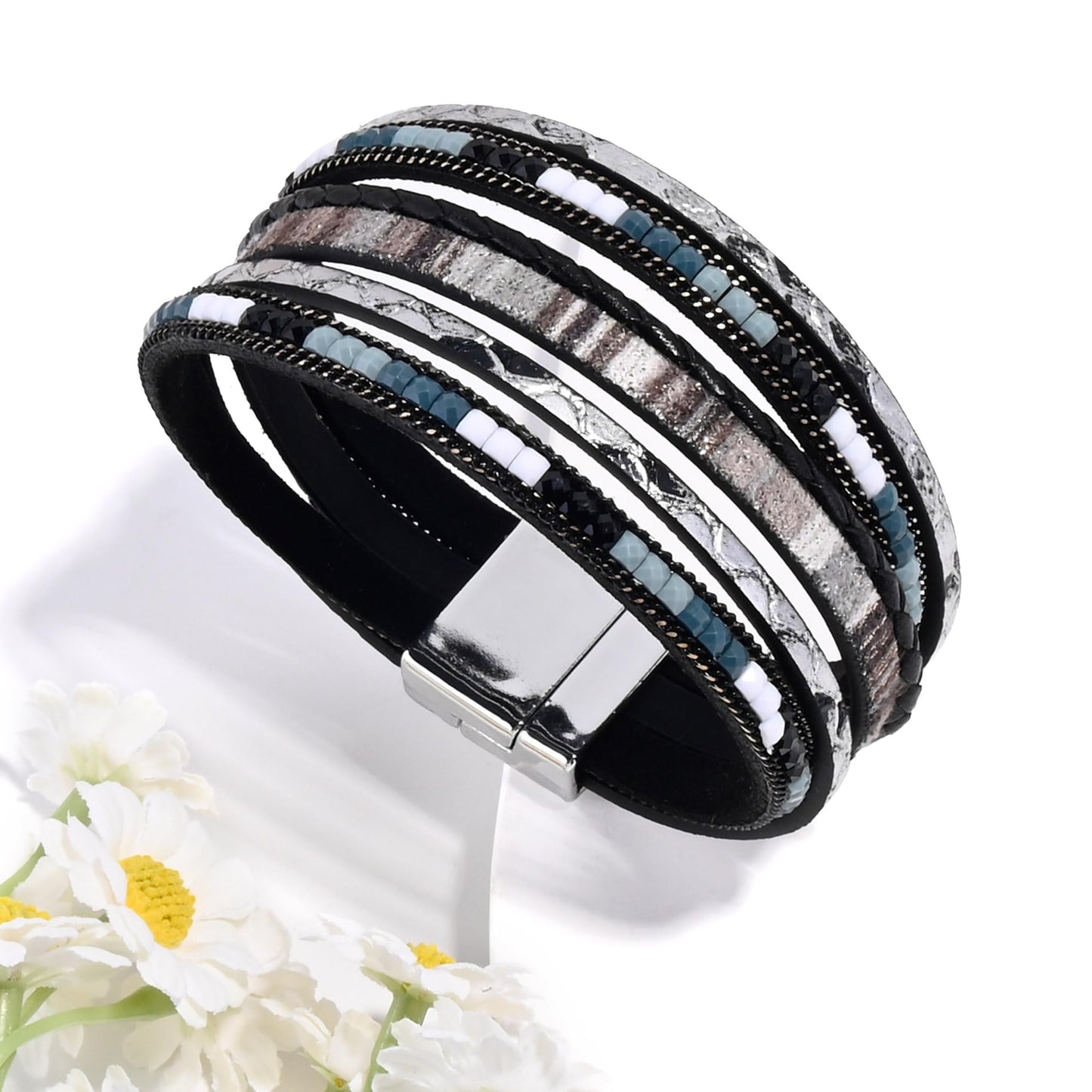 VIBILIA Boho Leather Wrap Bracelets for Women Trendy Layered Multi-Layer Bracelets with Strong Clasp Jewelry for Women-Black