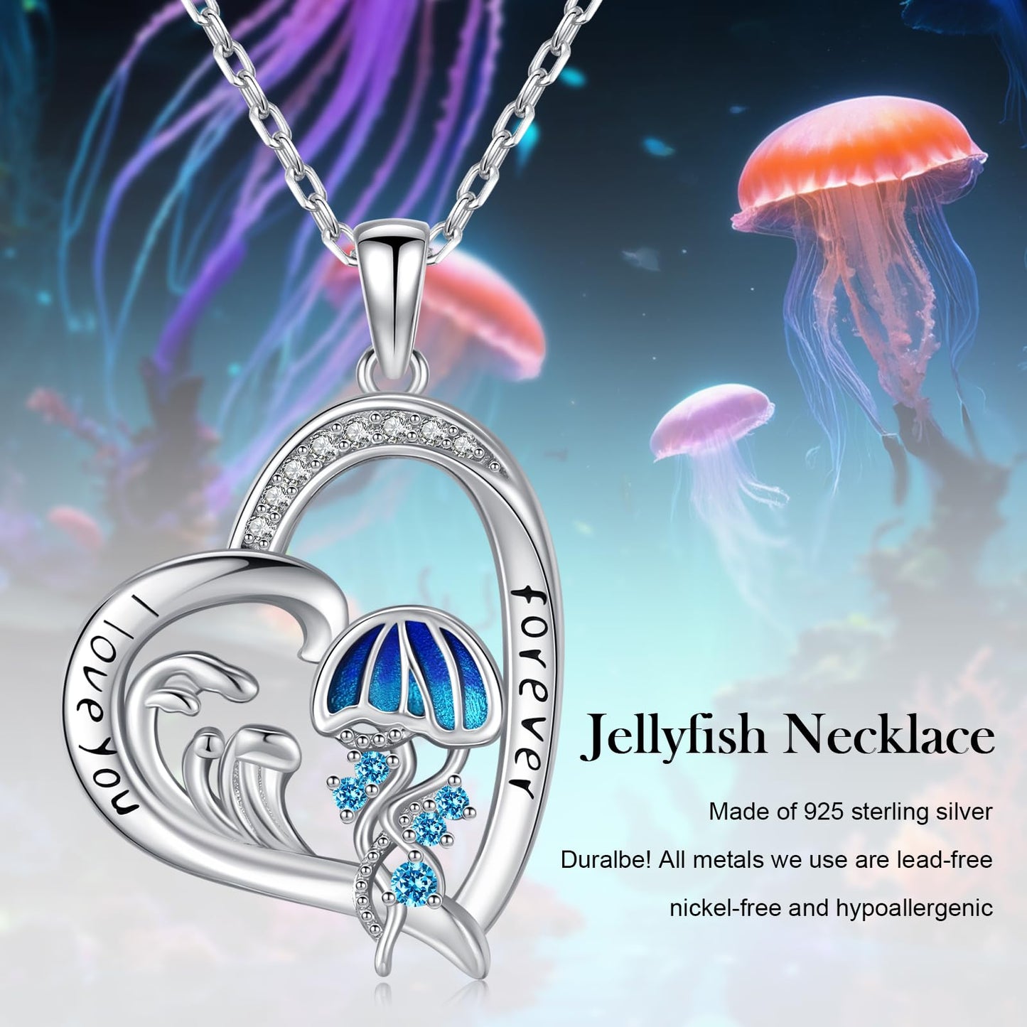 Twoowl Ocean Jellyfish Necklace 925 Sterling Silver Wave Pendant Necklaces Beach Jewelry Gifts for Women Girlfriends Mom Birthday