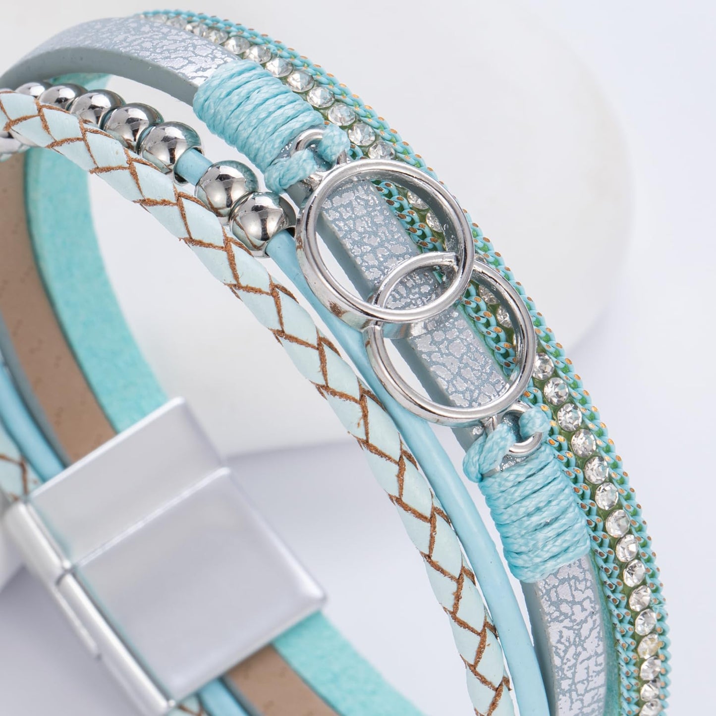 FANCY SHINY Boho Leather Wrap Bracelet Stackable Beaded Infinity Chunky Cuff Bracelets with Magnetic Clasp Western Hippie Outfits Jewelry Gifts for Women(Teal)