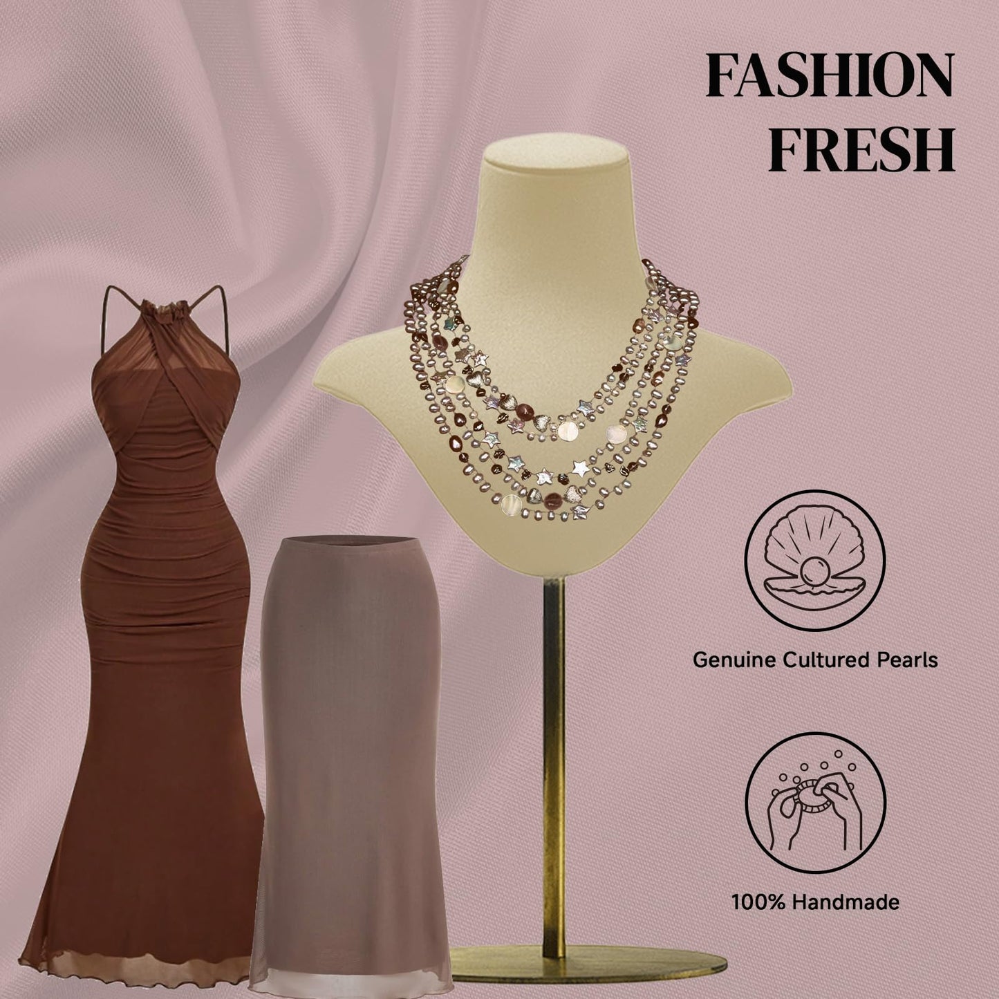 Handmade Freshwater Pearl Necklace for Women - 18inch Elegant Teardrop White Pearls 5-Strand with Vintage Beaded Charms Baroque Pearl, Shell, Rose Quartz & Crystal