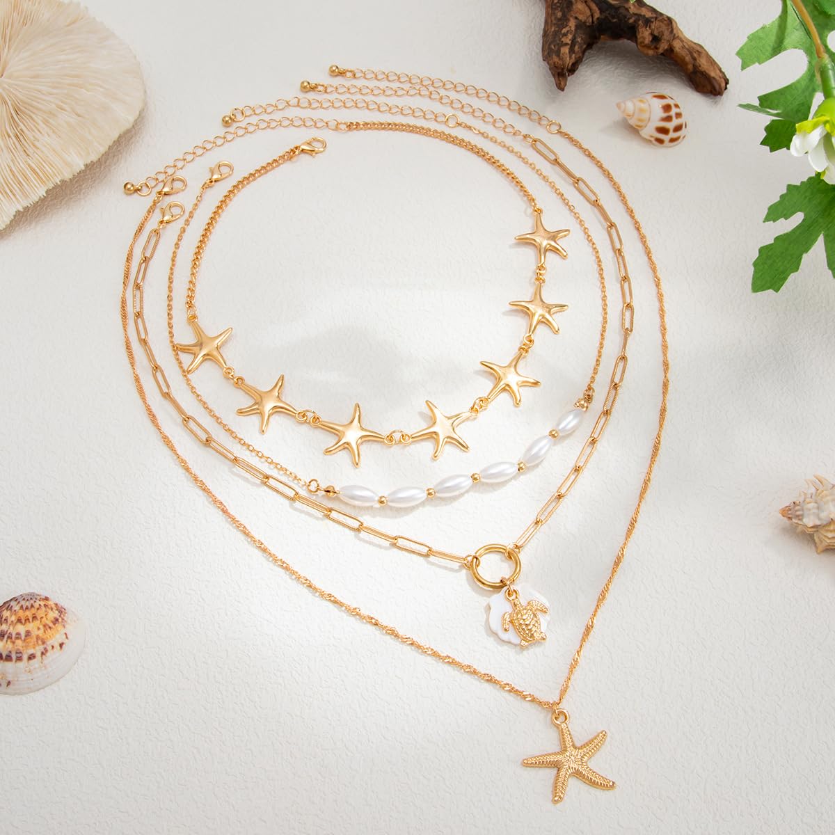 4PCS Layered Sea Turtle Starfish Pendant Necklace For Women Faux Pearl Coastal Beach Vacation Summer Choker Collar Gold Tone Ocean Jewelry Gift (Gold)