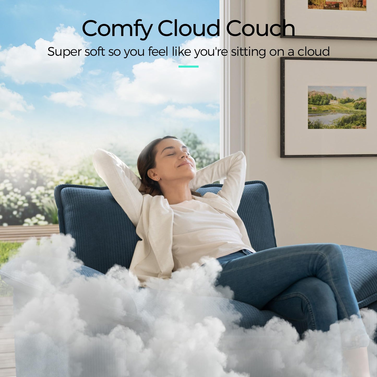 LINSY HOME 119" Modular Sectional Sofa Couch Corduroy Cloud Couches for Living Room, V-Shaped Cloud Couch Sectional Sofas for Bedroom and Apartment, Blue