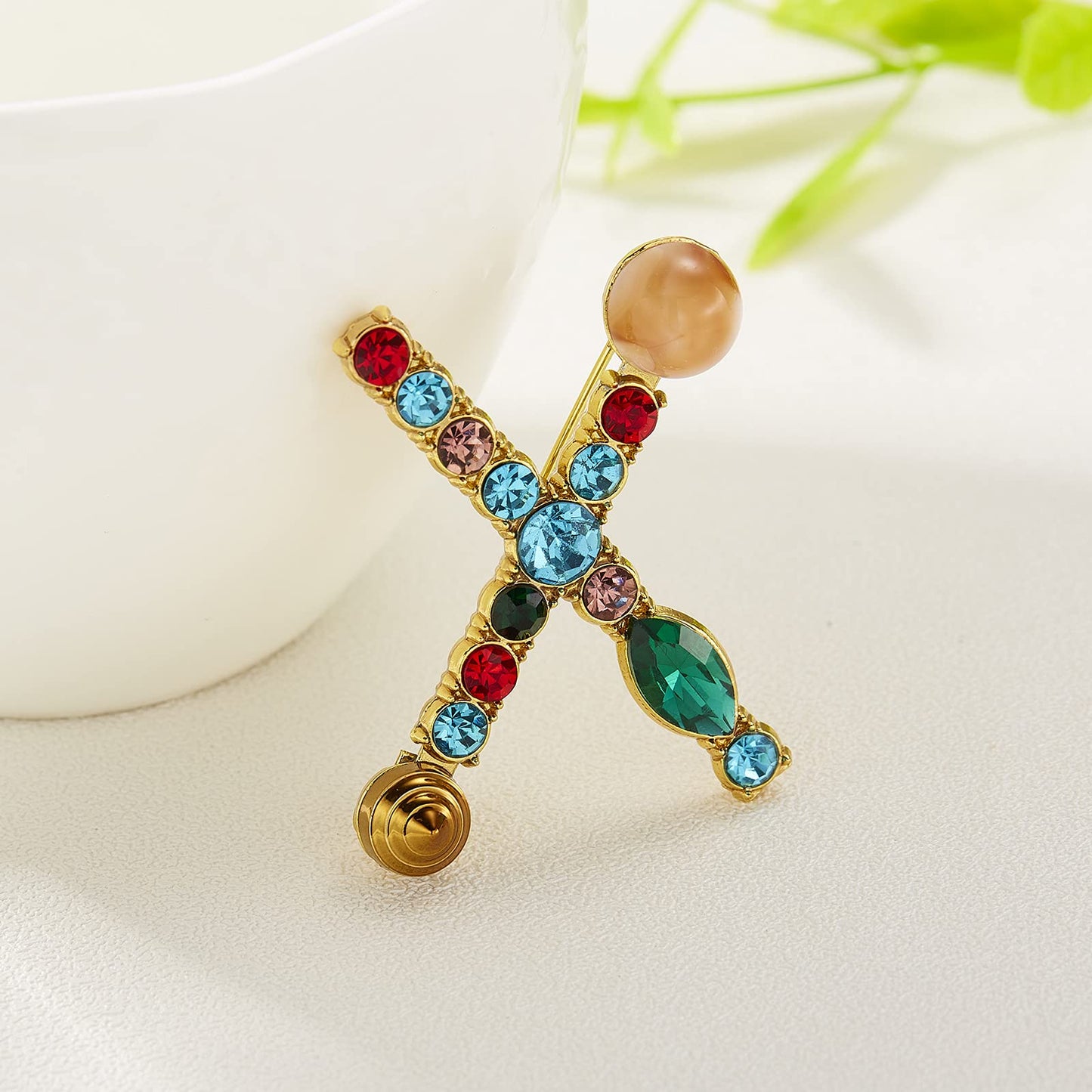 RINHOO Crystal Pearl Initial Brooch Gold Plated Enamel Colorful Letter Alphabet Breastpin Pin Jewelry for GIFTS (Gold X)
