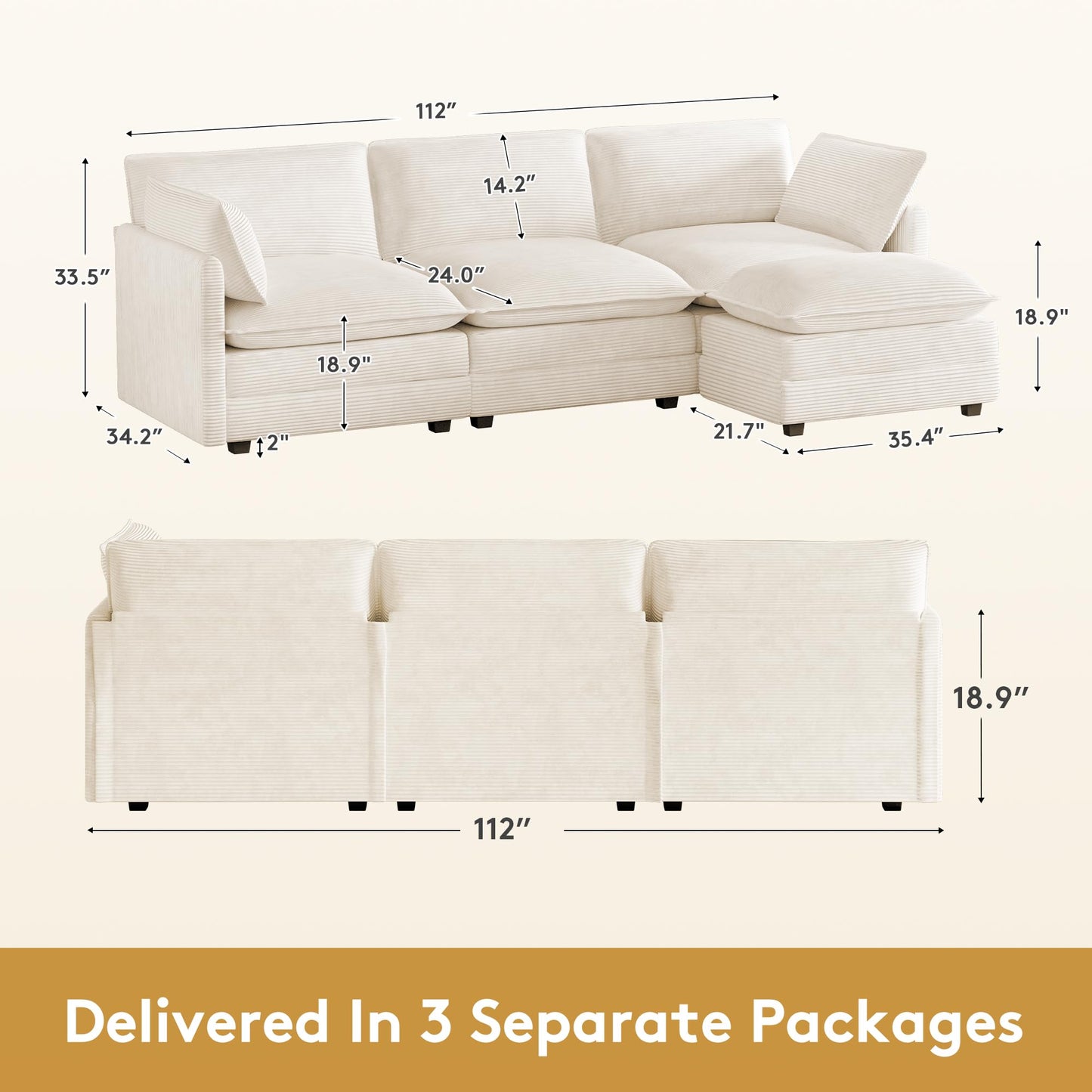 ROWHY 112'' Oversized Modular Sectional Cloud Couch with Movable Ottoman, 4 Seat Modern Corduroy Sofa, Deep Seat L Shaped Couch for Living Room Bedroom Apartment, Cream
