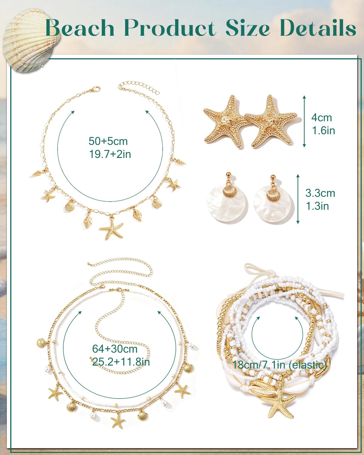 Tiwindx 14 Pcs Seashell Starfish Jewelry Set for Women Stackable Anklets Bracelets Starfish Waist Chain Earrings Necklace Summer Beach Jewelry