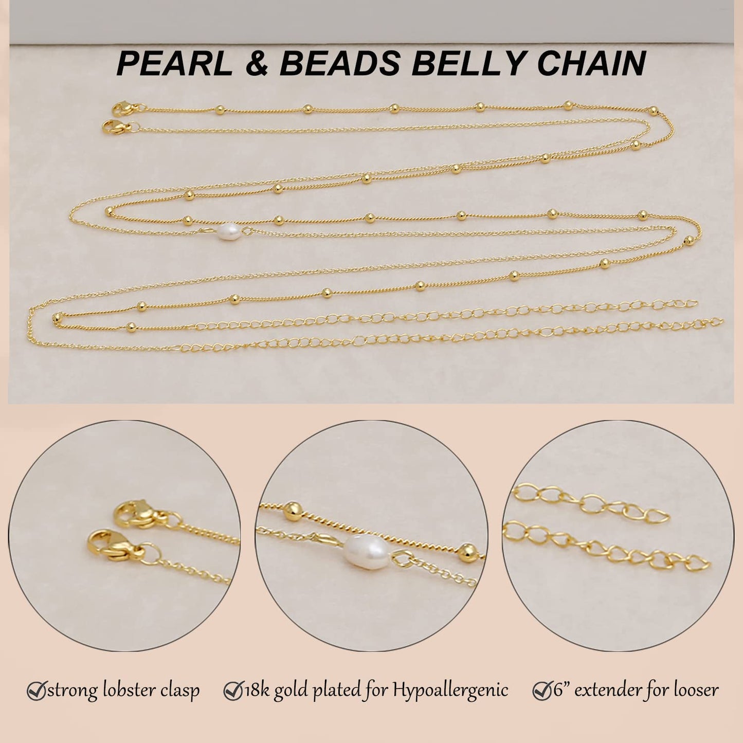 Honsny 2PCS 25-43Inch 18K Gold Plated Waist Chain Minimalist Pearl Belly Body Chain Gold Layered Sexy Bikini Body Chains Waist Jewelry for Women