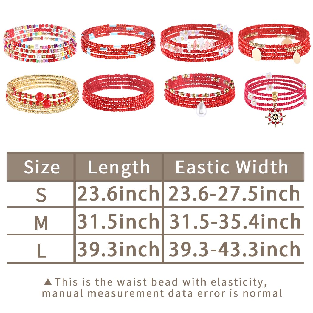 ELABEST 24-39inch African Waist Beads for Women 8Pcs Elastic Belly Beads Colorful Beaded Waist Jewelry Accessories Body Chain (Red, 23.6inch/60cm)