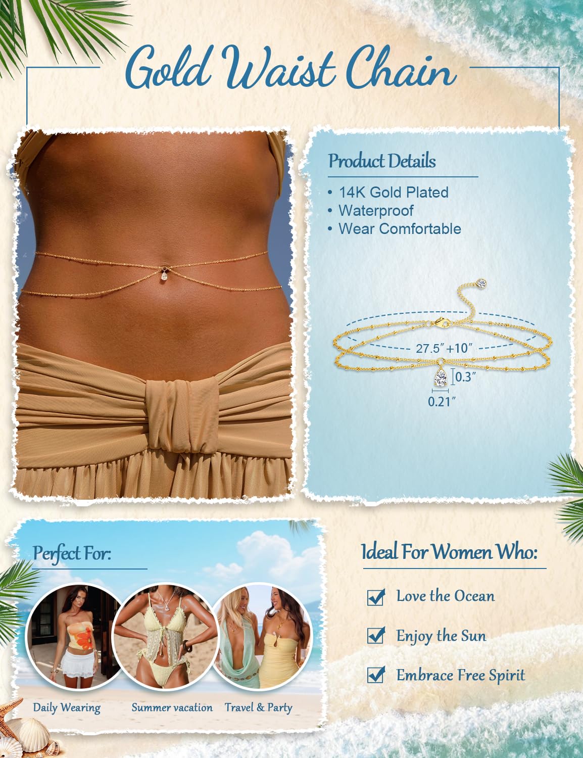 HEVOCY Gold Waist Chain for Women, Trendy Layered Belly Chain Jewelry, Adjustable Body Chain for Beach & Summer Outfit
