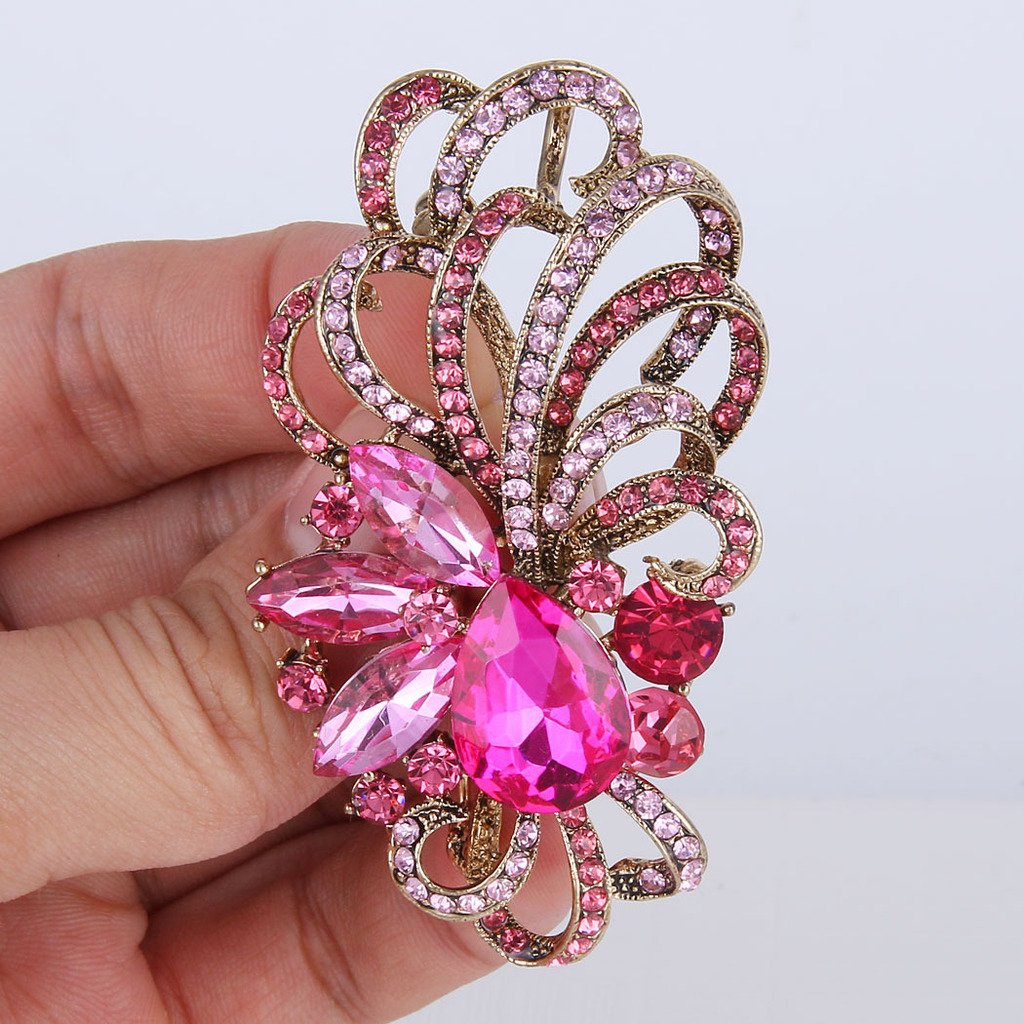 EVER FAITH Antique Gold-Tone Austrian Crystal Flower Ribbon Teardrop Brooch Pendant Pink