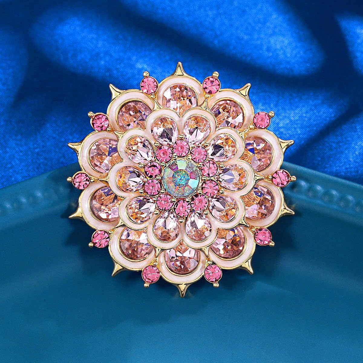 Rhinestone Crystal Flower Brooch Pin Sparkling Large Crystal Sunflower Brooch Vintage Floral Lapel Pins Rhinestone Flower Bouquet Broochs Rose Snowflake Broochs Wedding Bridal Dress Jewelry for Women (Light Pink)