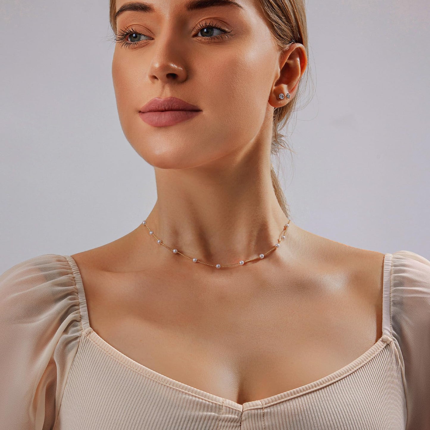 OGD Pearl Necklace for Women Trendy 14K Gold Plated Dainty Satellite Choker Handmade Delicate Wedding Pearl Strand Gold Pendant Necklace Simple Cute Jewelry Gifts for Women