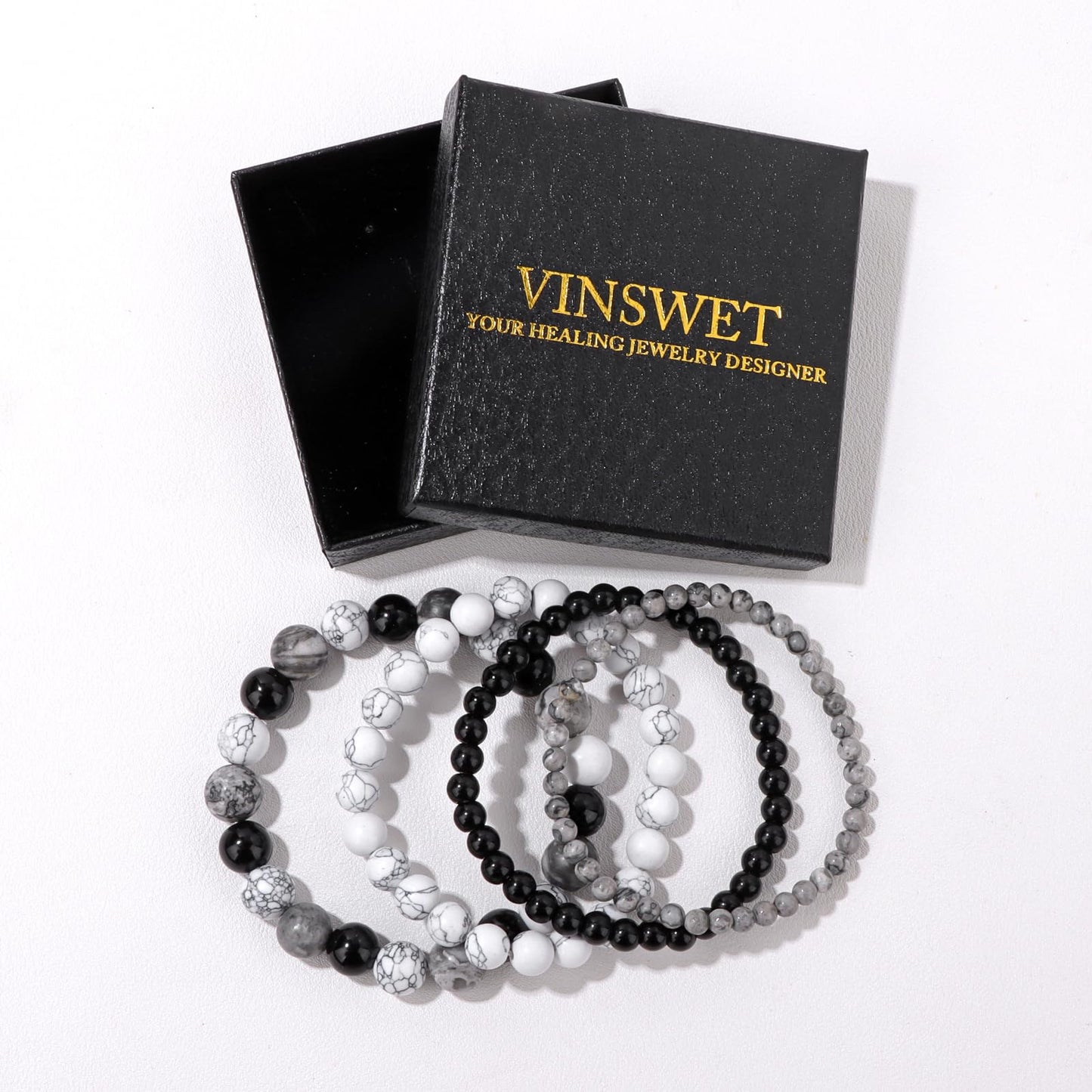 Vinswet 4pcs Natural Stone Beaded Bracelets for Women Men,Healing Crystal Gemstones Stretch Bracelet,4mm 6mm 8mm 10mm Black agate Map stone White turquoise Anxiety Stress Relief Bracelet Jewelry Gifts