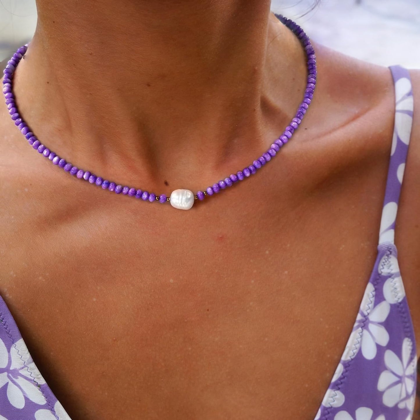 ERNAULO Beaded Necklaces for Women Seashell Beach Necklace with Freshwater Pearl 14K Gold Plated Boho Summer Handmade Jewelry CK-Seashell-purple