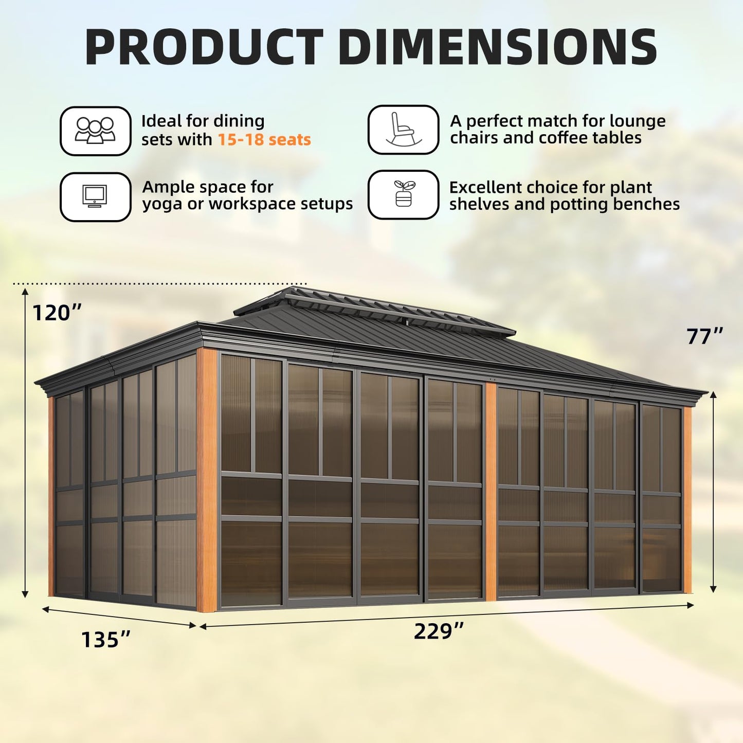 EROMMY 12' X 20' Hardtop Sunroom, Galvanized Steel Double Roof Gazebo Solarium with Wood Grain Aluminum Frame & Detachable Windows, All-Weather Sun Room for Patio Deck Backyard
