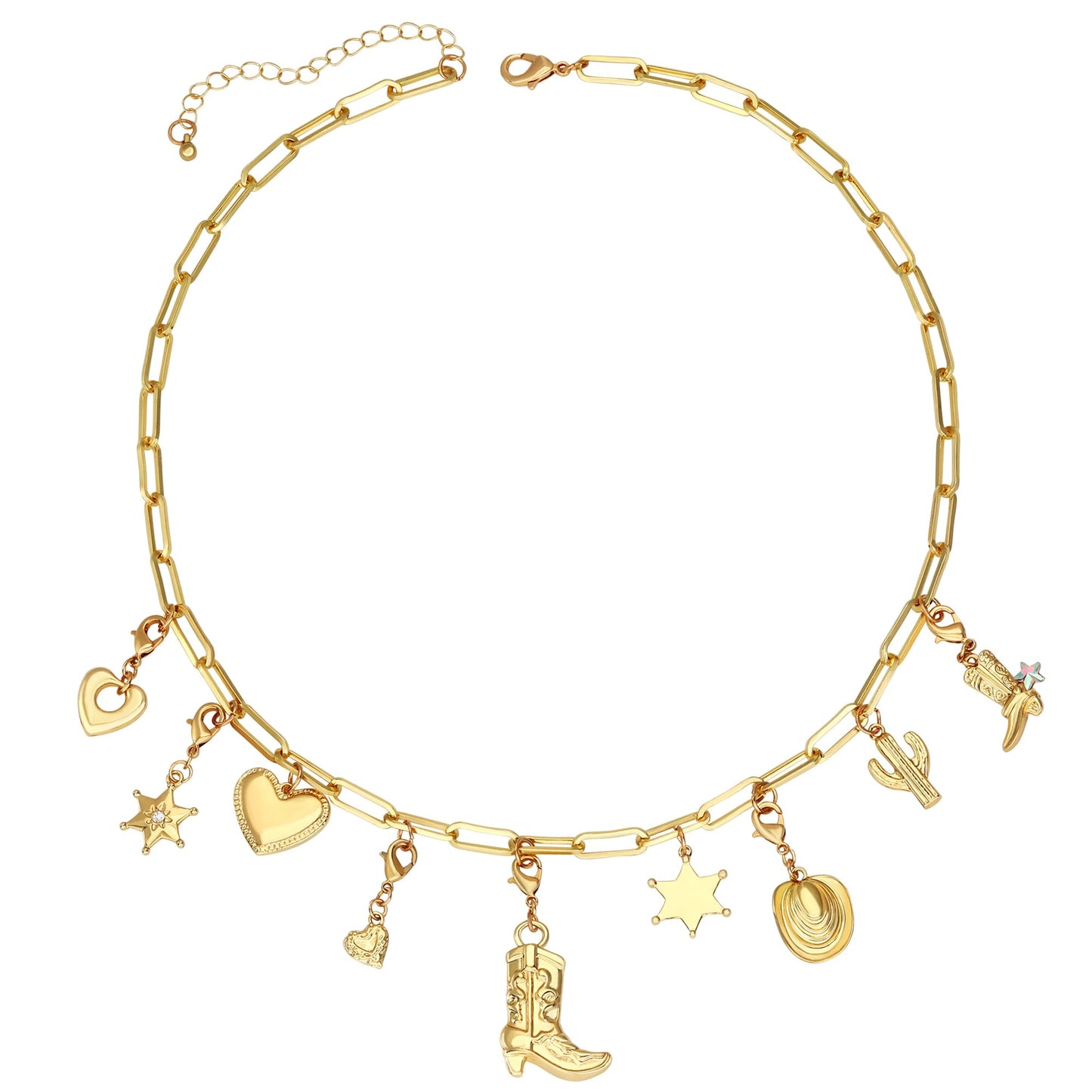 BONJOULRY Charm Necklace for Women Gold Western Coastal Cowgirl Cowboy Boot Heart Star Cactus Charms Chunky Paperclip Chain Statement DIY Choker Necklace Jewelry Gifts Boots