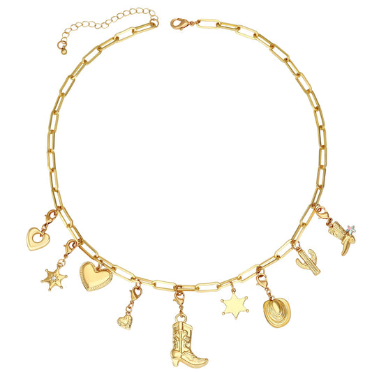BONJOULRY Charm Necklace for Women Gold Western Coastal Cowgirl Cowboy Boot Heart Star Cactus Charms Chunky Paperclip Chain Statement DIY Choker Necklace Jewelry Gifts Boots