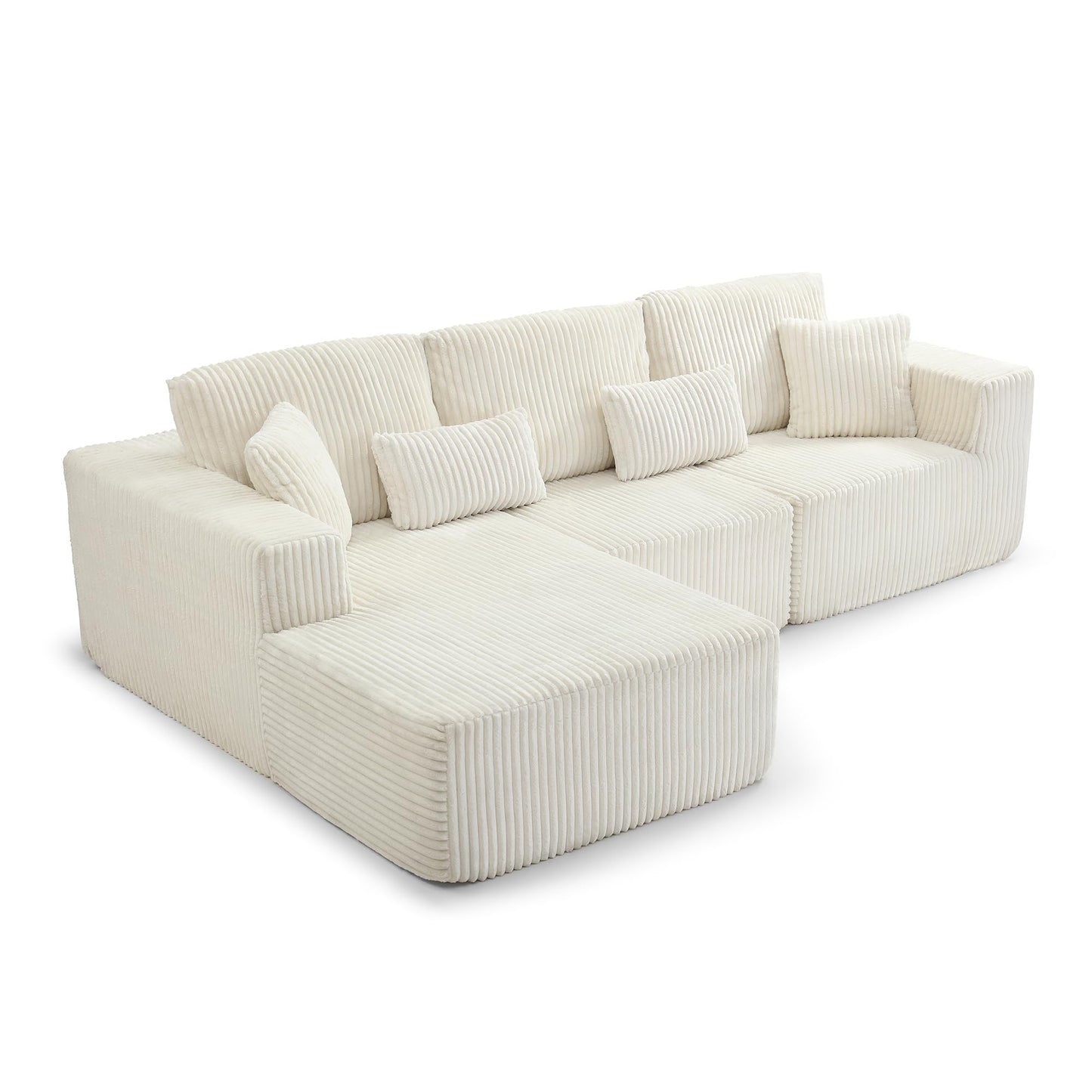 109" Modular L-Shaped Corner Cloud Sofa Corduroy Modular Couches with Deep Seat, 3 Pieces Compressed Boneless Sofa W/Right Chaise Lounge and 4 Pillows for Living Room